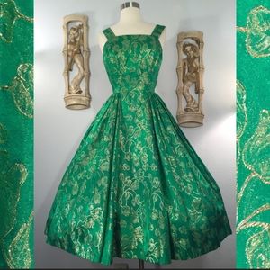 1950s emerald green and gold brocade party dress